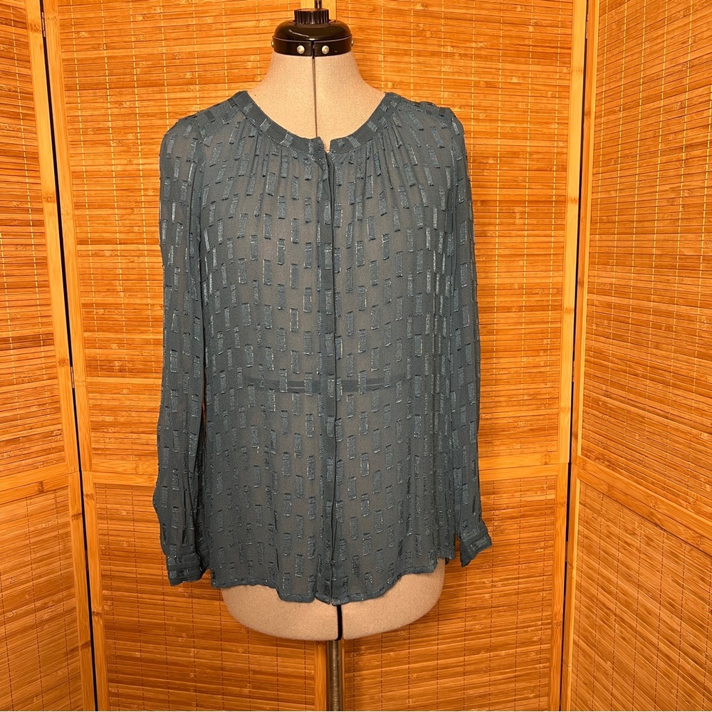 Lucky Brand Sheer Teal Patterned Blouse Metallic Accents Small - Picture 2 of 11